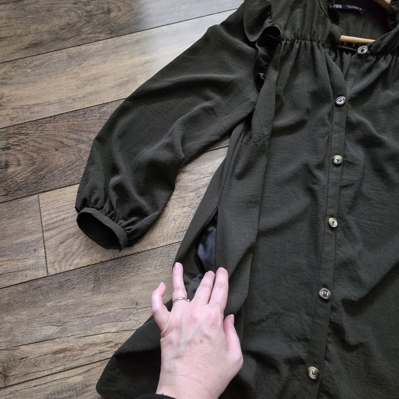 Zara Womens Oversized Xs Dark Green Ruffled Button-Up Dress - Picture 8 of 15